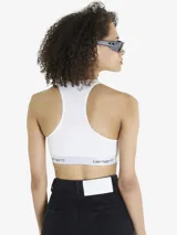 Top deportivo estilo racer back de Carhartt, color negro, con banda elástica inferior con el logo de la marca estampado en blanco. Confeccionado en tejido elástico ajustado.