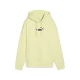 Buzo con capucha y cordones ajustables, color amarillo pastel. Presenta el logo de la marca estampado en el centro del pecho con detalles florales integrados.