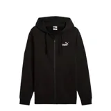 Campera deportiva Puma negra con cierre completo, capucha con cordones ajustables, logo estampado en el pecho y bolsillos laterales.