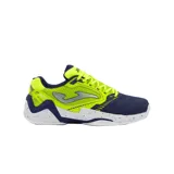 Championes deportivos Joma modelo Set 2403, de color azul marino y amarillo fluor con detalles plateados y suela blanca con motas.