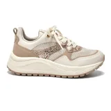 Championes deportivos Via Marte modelo Millie, color blanco con detalles en dorado y beige.