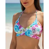 Bikini de dos piezas con estampado floral multicolor. El top es de estilo triángulo con diseño cruzado en la parte inferior y tiras ajustables al cuello. La parte inferior es de corte tanga.