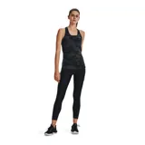 Calza capri deportiva Under Armour HeatGear, color negro con detalles en gris, de tiro alto y confeccionada en poliéster y elastano.