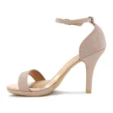 Sandalia de tacón alto Vizzano, color dorado con acabado de glitter, plataforma delantera, tira frontal y tira ajustable al tobillo con hebilla.
