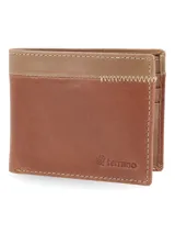 Billetera de cuero bicolor en tonos marrón y tostado, con costuras decorativas en zigzag y logo de la marca grabado en el frente.