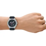 Reloj cronógrafo Armani Exchange modelo Sync con caja de 44 mm en tono gris mate, esfera negra con detalles en rojo y correa de silicona negra.