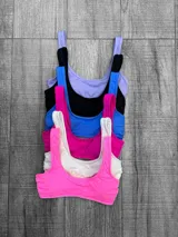 Corpiño de malla entero con breteles anchos, disponible en varios colores: lila, negro, azul, fucsia, blanco y rosa.