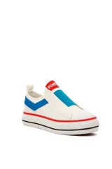 Zapatillas deportivas Pony modelo GMH 321, de lona blanca sin cordones, con inserción elástica azul en el empeine, suela con plataforma baja y detalles en rojo y negro.