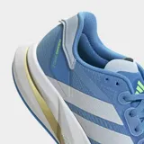 Championes de running Adidas Duramo Speed 2, color azul con las icónicas tres tiras laterales en blanco. Presentan una suela con tecnología Lightstrike para mayor amortiguación y detalles en amarillo pálido en la mediasuela.