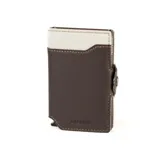 Billetera tarjetero Baleine Alabama de cuero marrón y blanco con mecanismo pop-up para tarjetas.