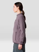 Campera polar de Mountain Hardwear, modelo Microchill Full Zip, de color bordó melange. Cuenta con cuello alto, cierre frontal completo, bolsillos laterales con cierre y mangas raglán. Presenta un pequeño parche con el logo de la marca en el pecho.