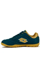 Championes de fútbol 5 Lotto modelo Lecce II TF, color verde oscuro con detalles en mostaza y suela de goma.