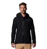Campera impermeable Columbia de la línea Titanium, color negro, con tecnología Omni-Tech transpirable y costuras selladas. Cuenta con capucha fija con visera y ajuste periférico, cierre central revestido de PU, bolsillos laterales con cremallera, puños ajustables y dobladillo con ceñidor.