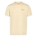 Remera de manga corta color beige con cuello redondo y logo de la marca estampado en el pecho en color naranja.