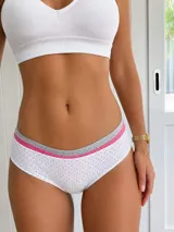Vedetina de algodón con estampado de lunares pequeños, presenta una cintura con doble banda elástica en color gris y fucsia.