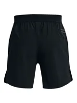 Short deportivo negro Under Armour Peak Woven para hombre, con cintura elástica, bolsillos laterales y cierre trasero. Diseñado para movilidad total con materiales ultraelásticos y dobladillo diseñado para el movimiento de las piernas.