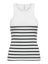 Top sin mangas de tejido acanalado, con cuello redondo y diseño ajustado. Presenta un estampado de rayas horizontales negras sobre fondo blanco en la parte inferior.