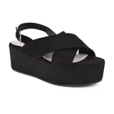 Sandalias negras de plataforma con tiras cruzadas en el empeine y tira con hebilla en el tobillo.