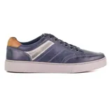 Zapato casual de cuero azul con detalles en marrón y plateado.