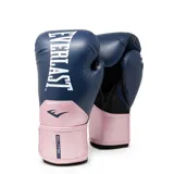 Guantes de boxeo Everlast Elite, color azul marino con detalles en rosa y logo de la marca en blanco.