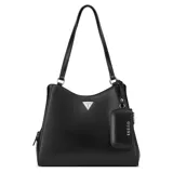 Cartera Guess Elsa de color negro, confeccionada en símil cuero con herrajes plateados y logo triangular frontal. Cuenta con doble asa de hombro y un pequeño monedero colgante removible con el nombre de la marca.