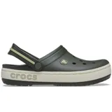 Zuecos Crocs modelo Crocband Heritage en color verde oscuro con plataforma blanca y detalles en gris. Cuentan con perforaciones de ventilación en el empeine, tira trasera pivotante y el logo de la marca en el lateral.