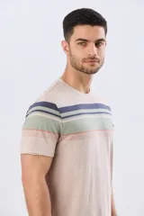 Remera de algodón y poliéster color verde militar con diseño de rayas horizontales en tonos azules, blancos y celestes en la parte superior del pecho. Cuenta con cuello redondo y mangas cortas.