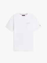 Remera de cuello redondo Tommy Hilfiger, color blanco, de corte regular y manga corta. Presenta un pequeño logo bordado en el pecho en tono verde agua.