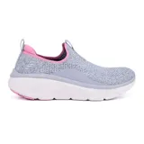 Championes deportivos Skechers Relaxed Fit: D'Lux Walker 2.0 - Bold State, color gris con detalles en rosa. Capellada de knit técnico jaspeado Stretch Fit, plantilla con amortiguación Skechers Air-Cooled Memory Foam y suela flexible con tracción.