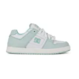 Championes DC modelo Manteca 4, de diseño urbano con combinación de colores blanco y verde menta. Presentan el logo de la marca en el lateral y en la lengüeta, con suela de goma resistente y cordones blancos.