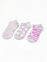 Pack de tres pares de soquetes de corte bajo. Incluye un par gris con rayas finas, un par verde claro con rayas finas y un par gris con estampado de animalitos.