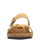 Sandalias de cuero color tostado con dos tiras ajustables con hebillas metálicas, plantilla anatómica de corcho y suela de goma.