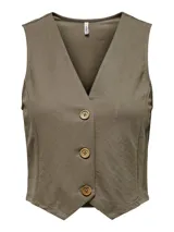 Chaleco corto color marrón con escote en V y cierre frontal con tres botones de madera.
