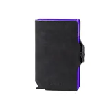 Billetera Baleine modelo Double Kansas Zipper, de color negro con interior y tarjetero de aluminio en tono violeta, con cierre de broche a presión.