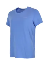 Remera técnica de manga corta Merrell, color azul, con cuello redondo y logo de la marca estampado en el pecho. Confeccionada con tecnología Drirelease para control de humedad, propiedades antiolor, protección UPF30+ y tejido elástico en cuatro direcciones.