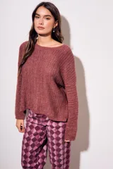 Sweater celeste de tejido de punto calado con lurex, de corte holgado y mangas largas.