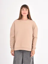 Buzo de cuello redondo, manga larga con hombros caídos y puños acanalados, confeccionado en tejido liso de color beige.