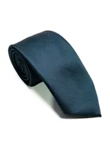 Corbata de seda azul marino con estampado paisley en tonos rosados y blancos.
