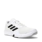 Championes de entrenamiento Adidas Amplimove Trainer, color blanco con las icónicas tres tiras laterales en color negro. Presentan una estructura de malla transpirable, cierre con cordones y suela de caucho diseñada para brindar estabilidad y tracción en diversas superficies.