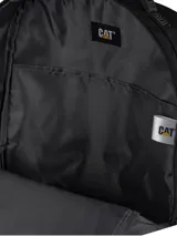 Mochila Cat modelo Explorer Advanced, color negro, con compartimento principal amplio, bolsillo frontal con organizador y bolsillos laterales de malla. Presenta detalles en cordón amarillo y logo reflectante.