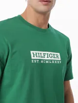 Remera de manga corta Tommy Hilfiger, color verde, con cuello redondo y estampado gráfico en el pecho con el nombre de la marca y el año de fundación en números romanos.