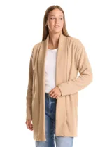 Cardigan largo de tejido de punto suave, color gris, con cuello con caída fluida, mangas largas con hombros caídos y bolsillos laterales discretos.
