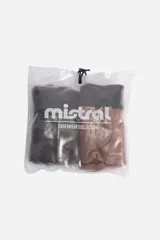 Pack de dos bóxers de algodón con cintura elástica. Uno de los bóxers es de color marrón liso con elástico gris, mientras que el otro es de color gris con estampado de peces pequeños y elástico azul marino.