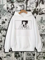 Canguro blanco con capucha y bolsillo delantero tipo canguro. Estampado frontal con imagen de Ryūnosuke Akutagawa del anime Bungō Stray Dogs.