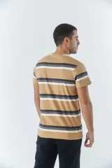 Remera de hombre de manga corta con cuello redondo y ajuste regular. Presenta un diseño a rayas horizontales en tonos tostado, azul marino y blanco, con el logo de la marca bordado en el pecho.
