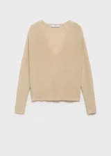 Jersey de punto fino con acabado de lúrex, color beige dorado, con cuello en V y mangas largas de corte recto.