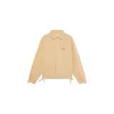 Camisa de manga larga de Eme Studios modelo Dock Lise, color amarillo con diseño a rayas verticales finas. Cuenta con cierre frontal de botones, cuello camisero, detalles de cintas ajustables en el dobladillo inferior y en los puños, y pequeño logo bordado en el pecho.