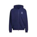 Campera con capucha Adidas Anthony Edwards Foundation, color azul marino, de felpa francesa con cierre frontal completo y diseño holgado.