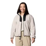 Campera de polar Columbia modelo Sequoia Grove, color beige con detalles en negro en el cuello y cierre frontal. Cuenta con bolsillos laterales con cierre, cuello alto y elásticos en puños y dobladillo.