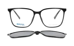 Lentes de receta con armazón negro de diseño rectangular y clip-on solar magnético polarizado a juego.